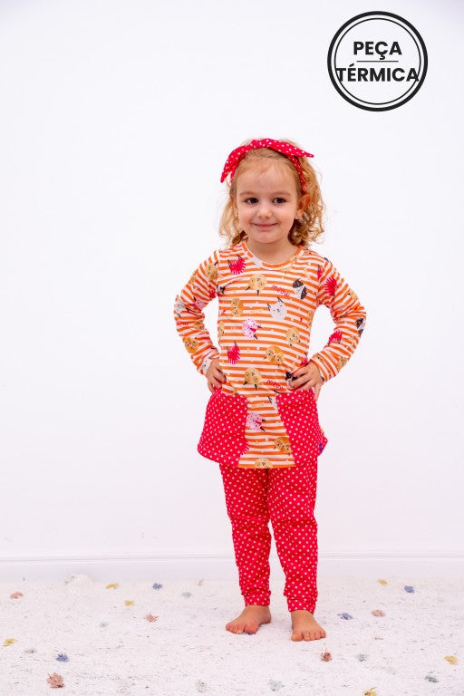 Conjunto Infantil Térmico Com Camisola Manga Longa e Legging Gata Vavá